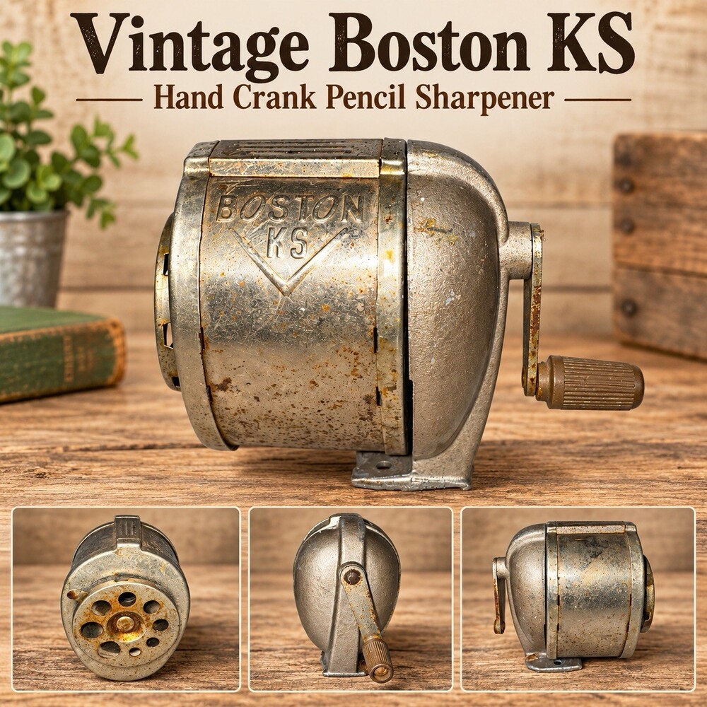 Vintage Boston KS 8 Hole Hand Crank Pencil Sharpener Metal USA Desk Mount